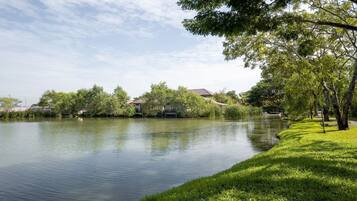 Un lago calmo con una riva erbosa, alberi e un edificio sullo sfondo.