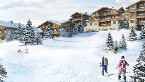 A ski resort with multiple wooden buildings, snow-covered trees, and skiers on the slopes. - New apartment 6 ppl Les Saisies, terrace, parking (Hauteluce)