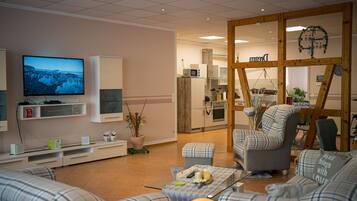 TV, DVD player, books, music library