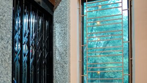 Un pasillo con una reja metálica negra, una ventana con persianas horizontales y una planta en maceta.