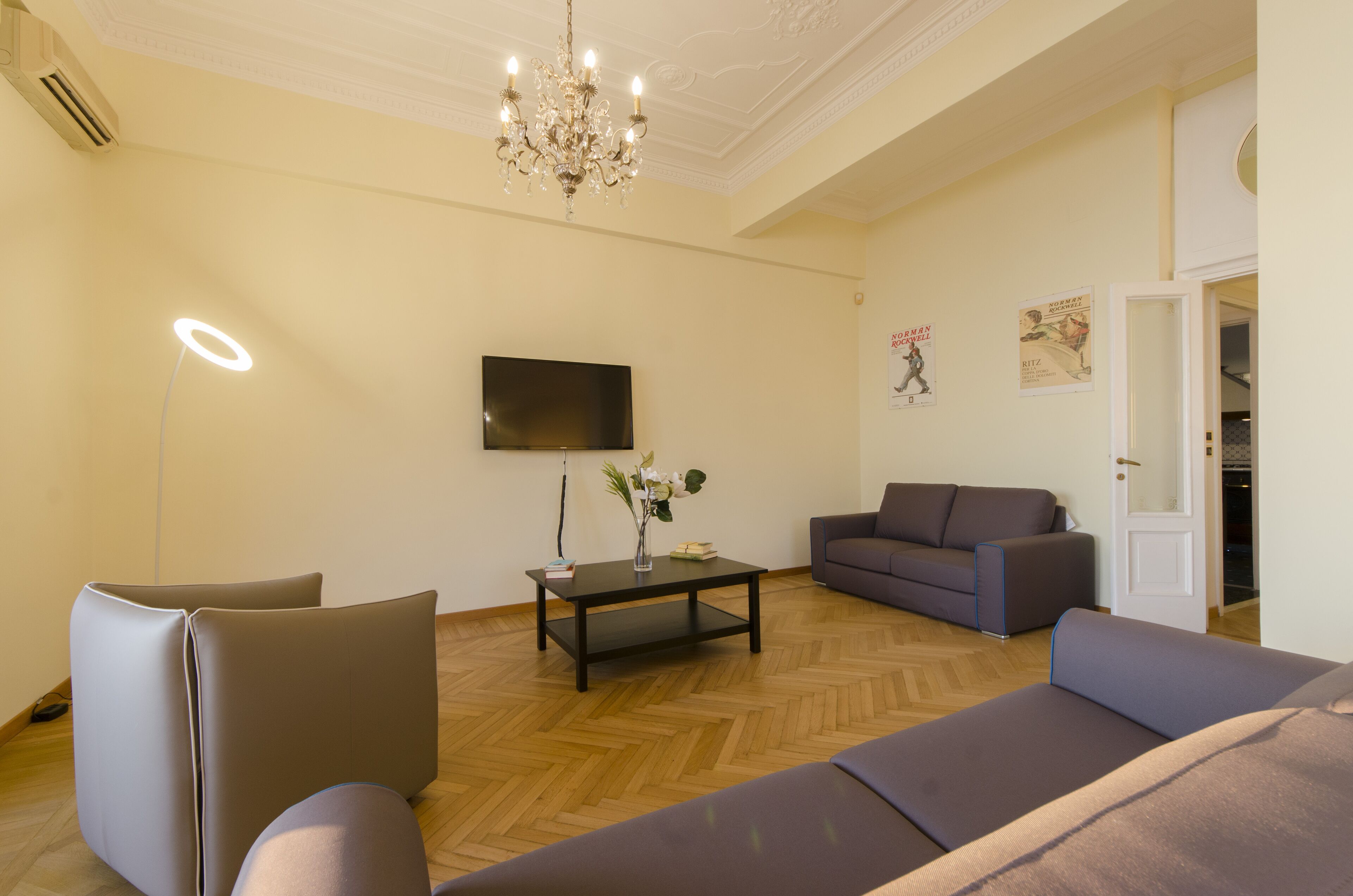 A modern living room with a flat-screen TV, a chandelier, and two sofas.