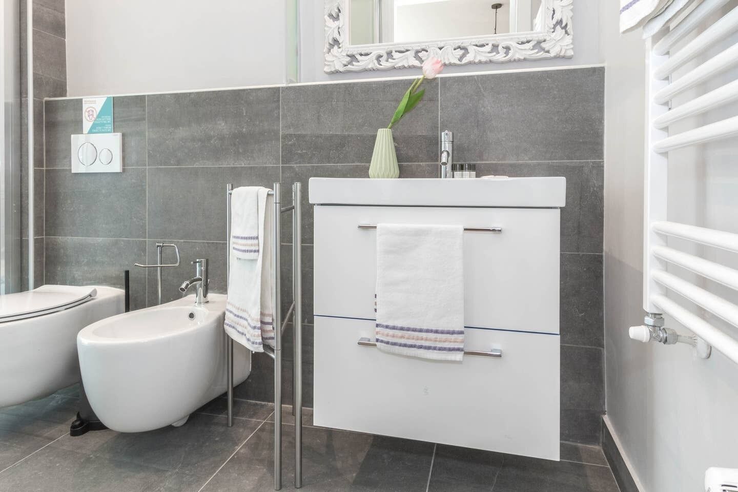 A modern bathroom with a bidet, a sink, and a mirror above the vanity.