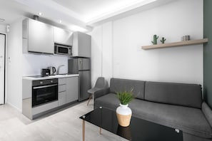 Superior Apartment, Balcony (501-502) | Cuisine privée | Grand réfrigérateur, micro-ondes, four, plaque de cuisson