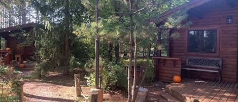 A rustic cabin with a wooden deck, surrounded by dense forest.