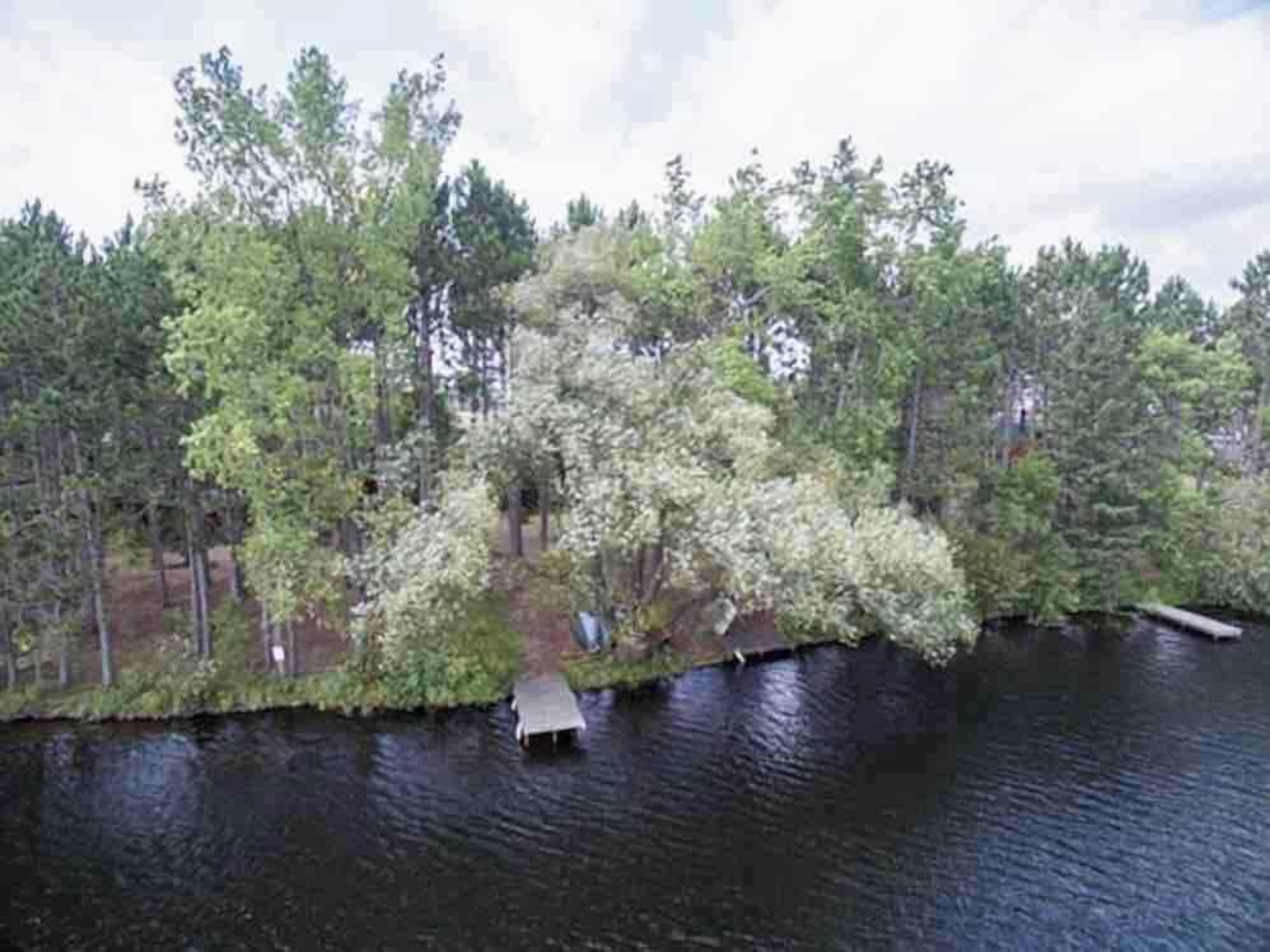 A lakeside view with a dock extending into the water, surrounded by dense trees.