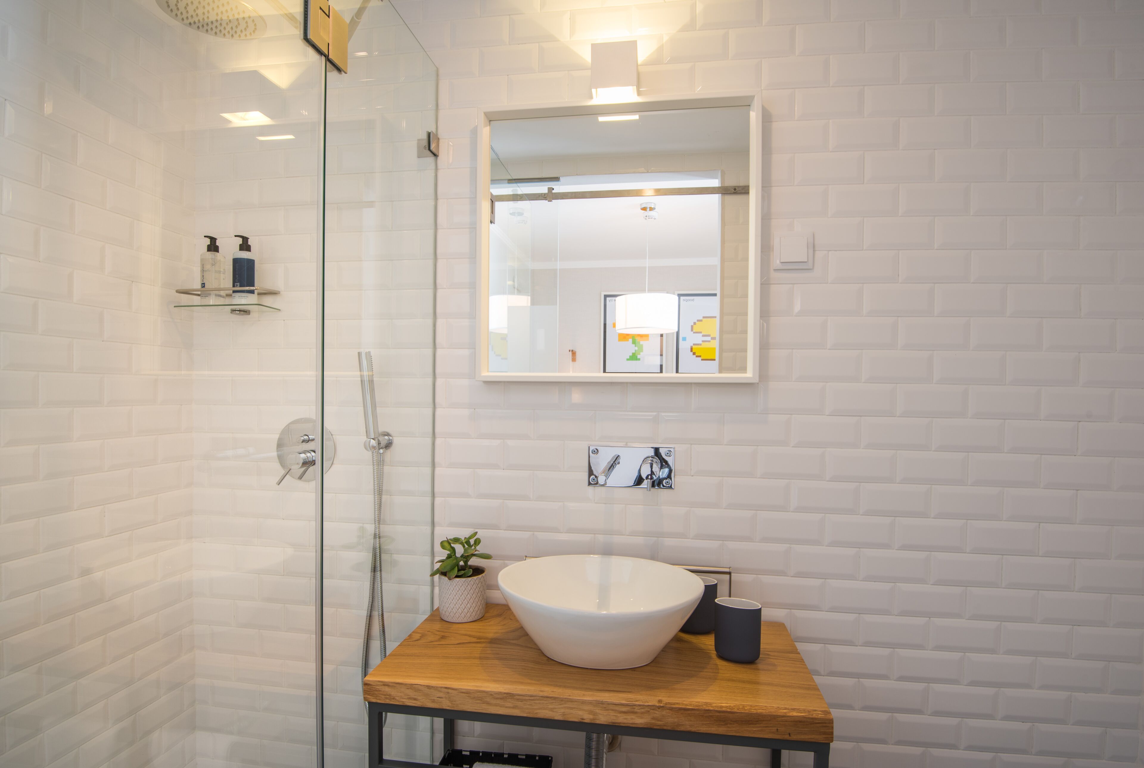 interior single room | bathroom | shower, hair dryer, towels, soap