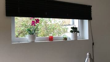 Une fenêtre avec un store enrouleur noir, trois plantes en pot sur le rebord et une lampe de bureau à droite.