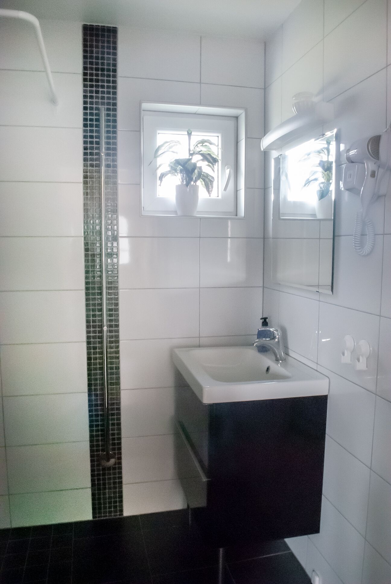 Un baño con lavamanos blanco, espejo, secador de pelo y planta en maceta.