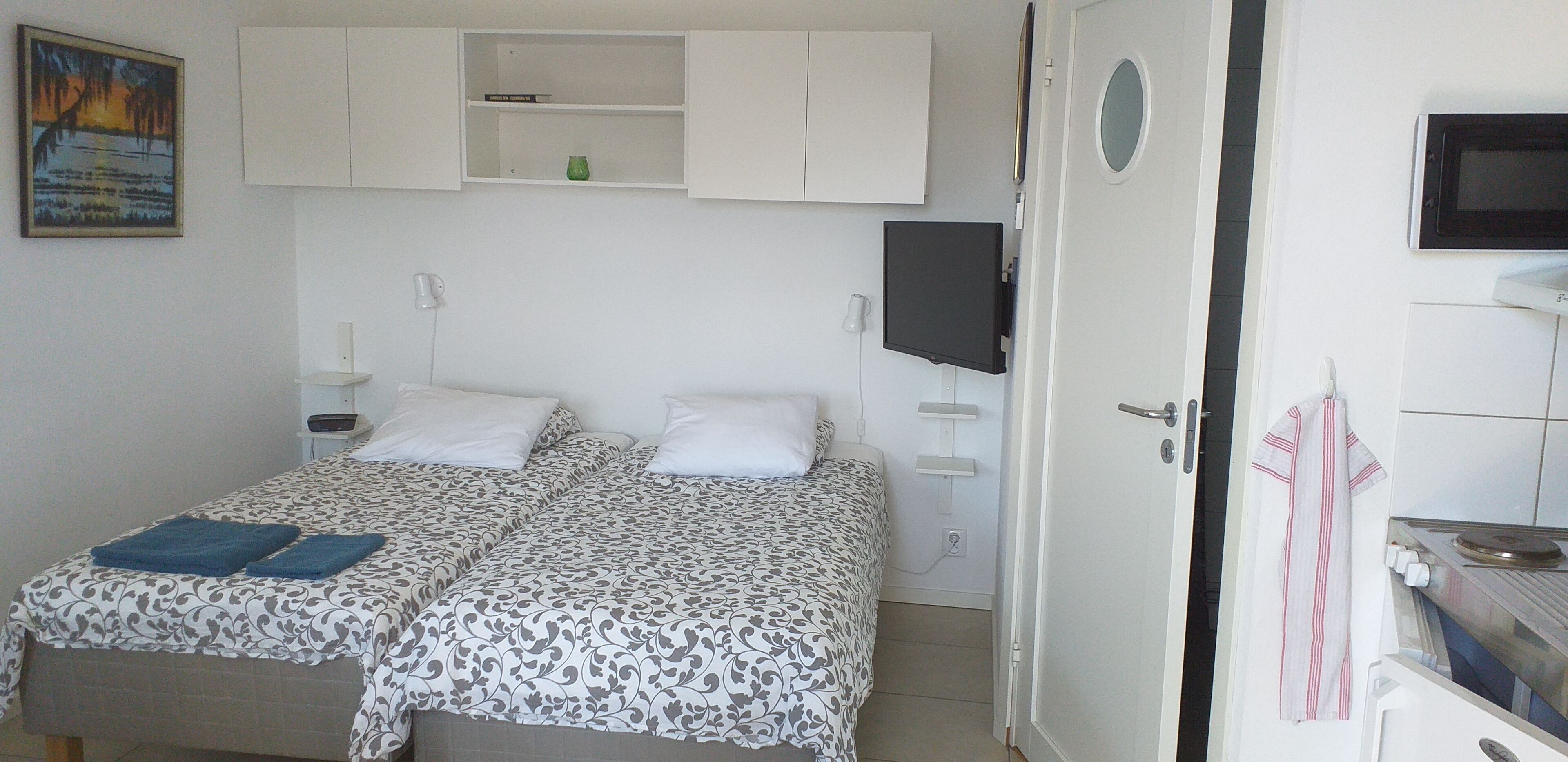 A bedroom with two beds, a TV, a microwave, and a small cabinet.