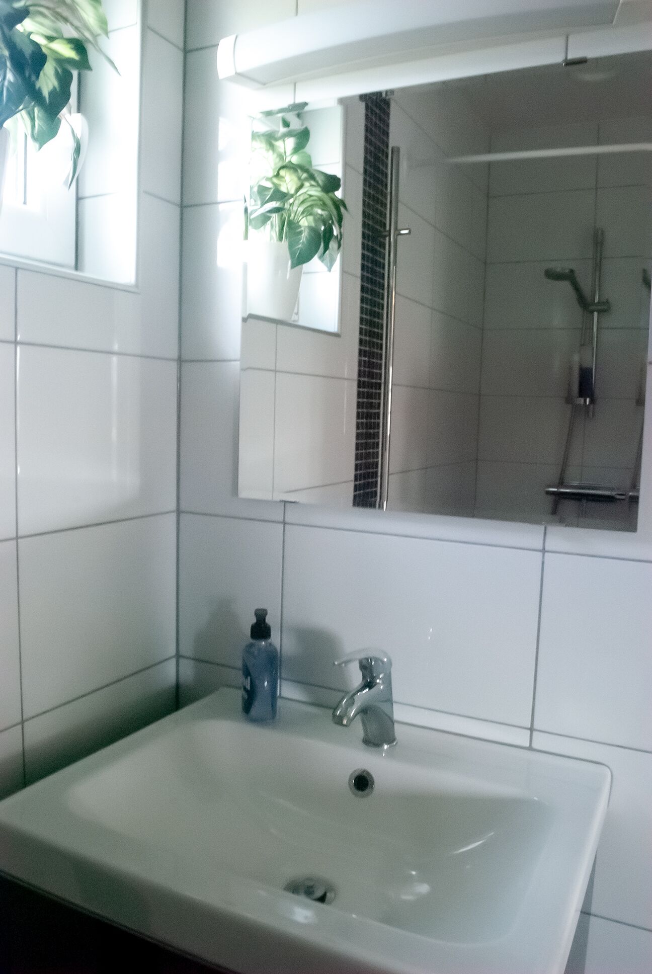 A bathroom with a white sink, a mirror, and a shower.
