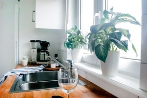 A kitchen with a coffee maker, a sink, and a potted plant by the window. - Nordanå Gård (Vinslov)