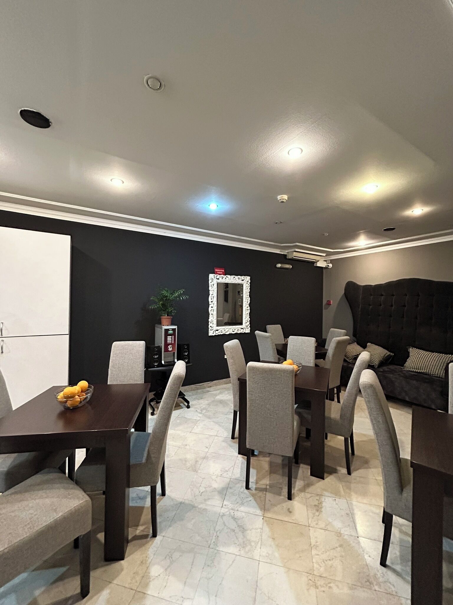 mini-fridge, electric kettle, toaster, coffee grinder