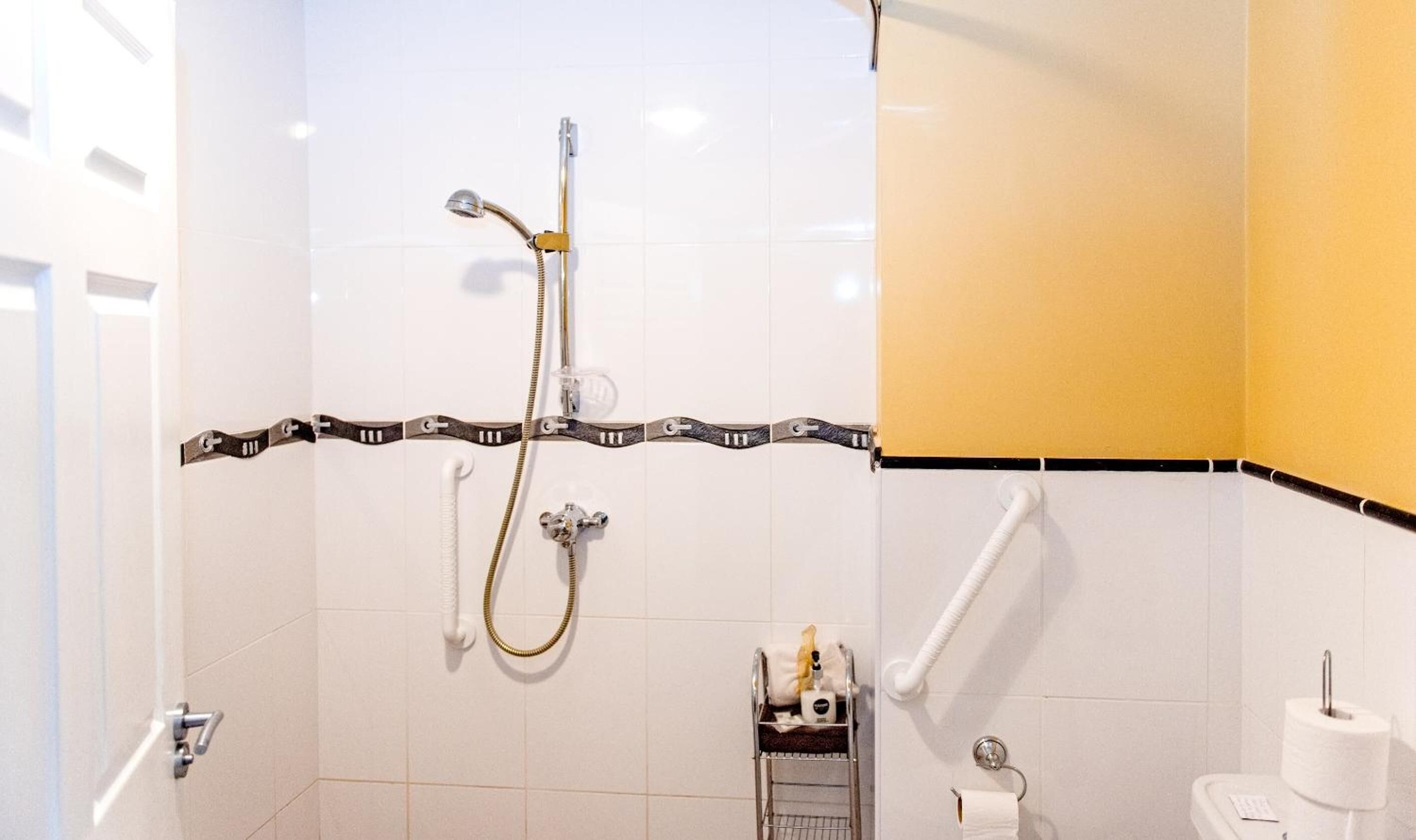 Un bagno con doccia, WC e mancorrenti.