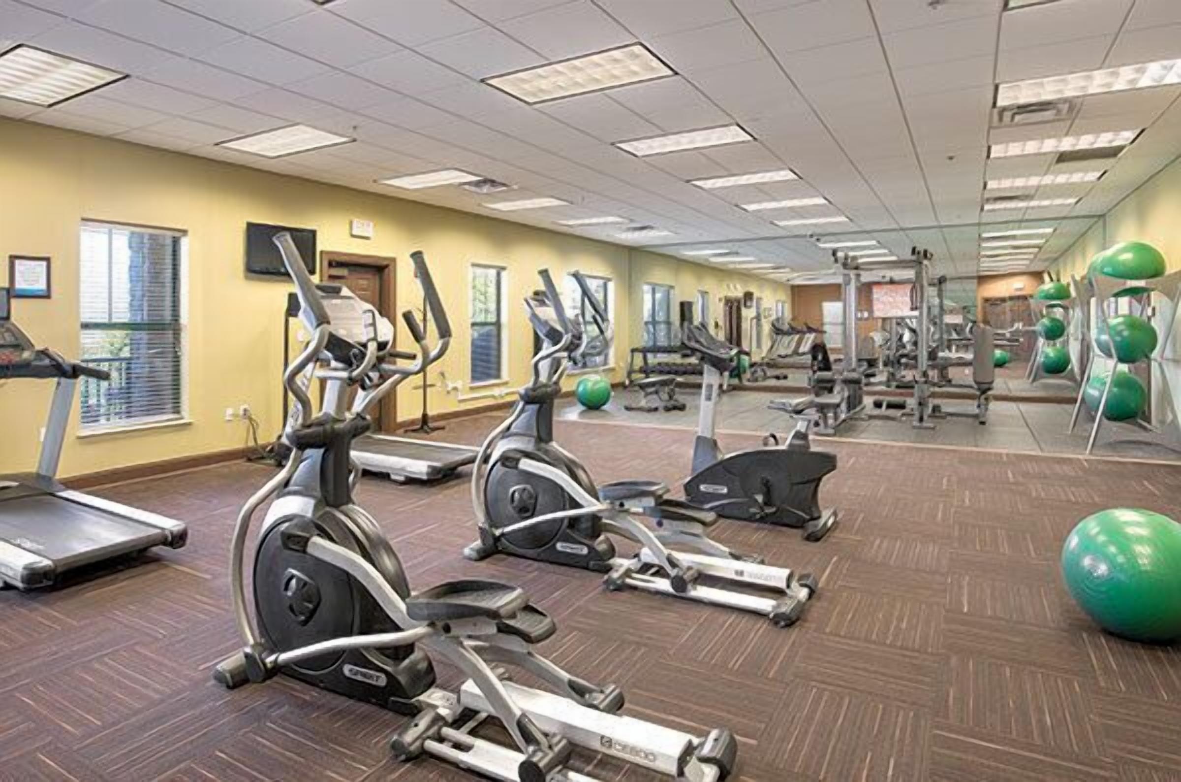 A gym with treadmills, elliptical machines, and free weights.