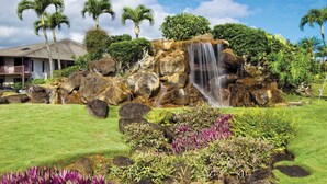 A waterfall cascading over rocks with lush greenery and palm trees in the background.