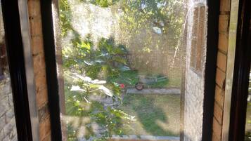 A window with a view of a garden, a wheelbarrow, and a brick wall.