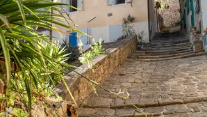 A narrow stone staircase leading to a building with a light-colored facade and blue shutters. - Casa Collodi Castello (Collodi)