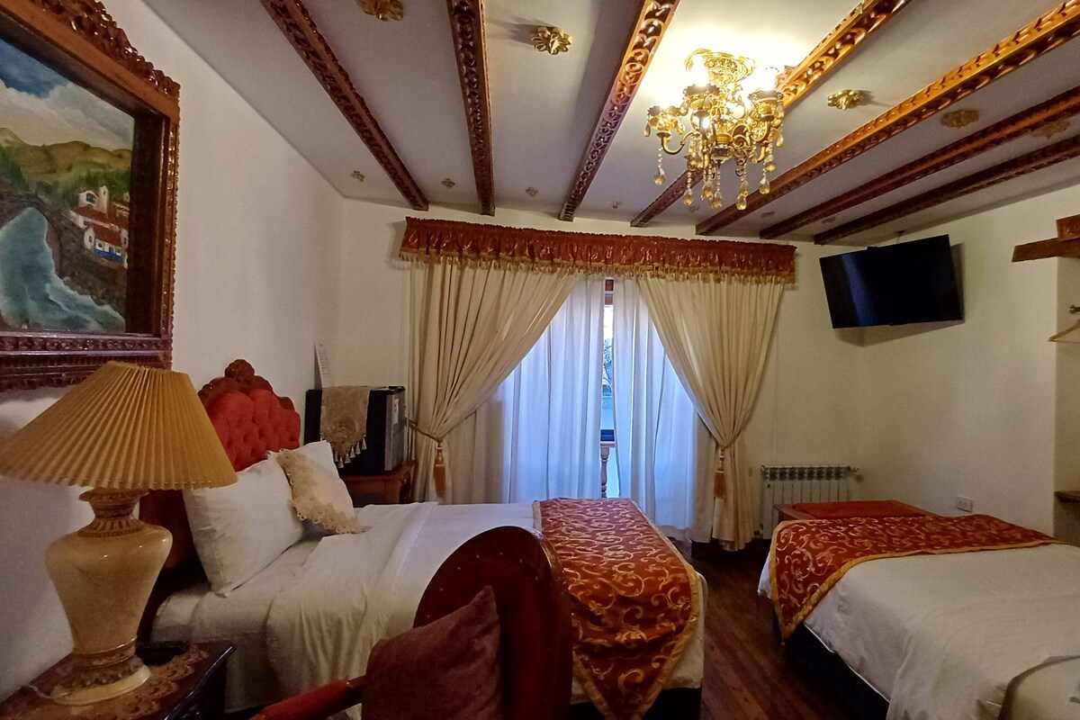Habitación de hotel con dos camas, un cuadro, una araña y un televisor en la pared.