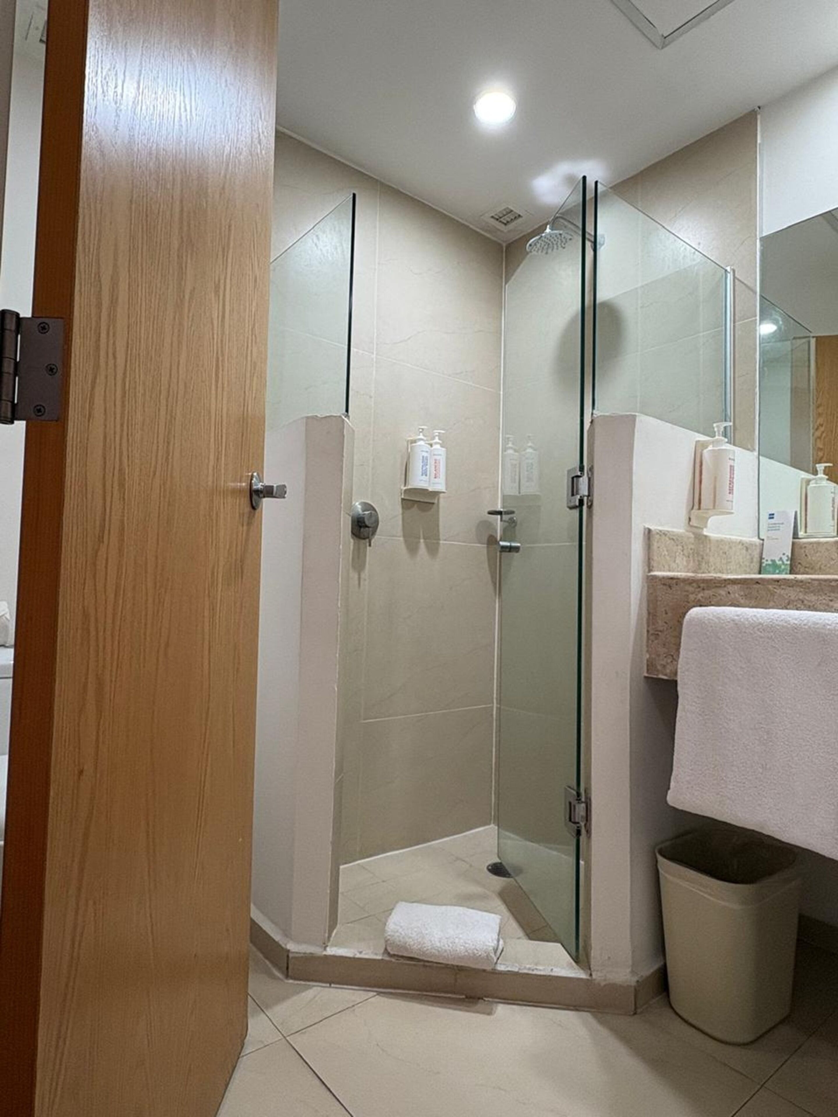A modern bathroom with a glass-enclosed shower, a wooden door, and a white sink with a towel.