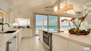 A modern kitchen with a large window overlooking the ocean, a built-in oven, and a countertop with decorative plants. - Feel Hawaii. Magnificent view. Family Reunion Home. Children friendly. (Waianae)