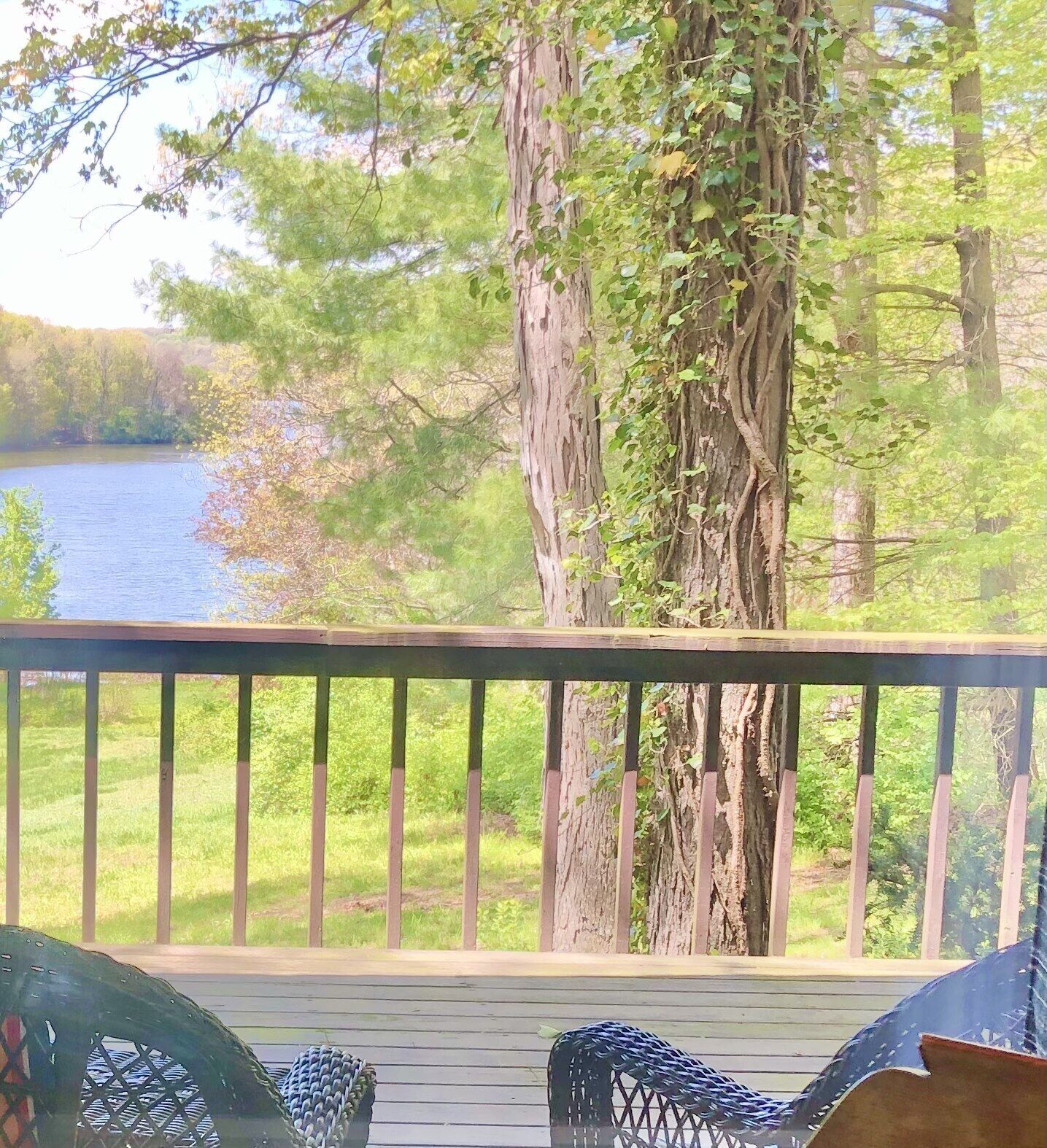 View from one of the dining room windows overlooking balcony and wooded cove