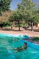 Una piscina al aire libre de temporada, sombrillas