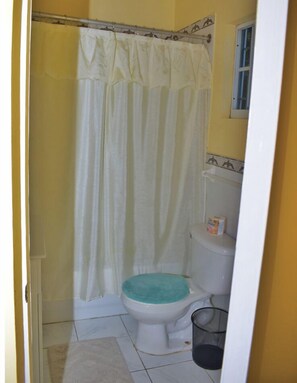 Regadera, toallas, jabón, papel de baño 