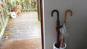 A wooden deck with a white bucket and a watering can, a door leading to a covered outdoor area, and a wall-mounted umbrella holder with two umbrellas. - 14 Tweed Cottage (Jedburgh)
