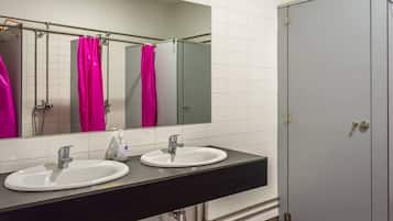 Shower, rainfall showerhead, hair dryer, towels