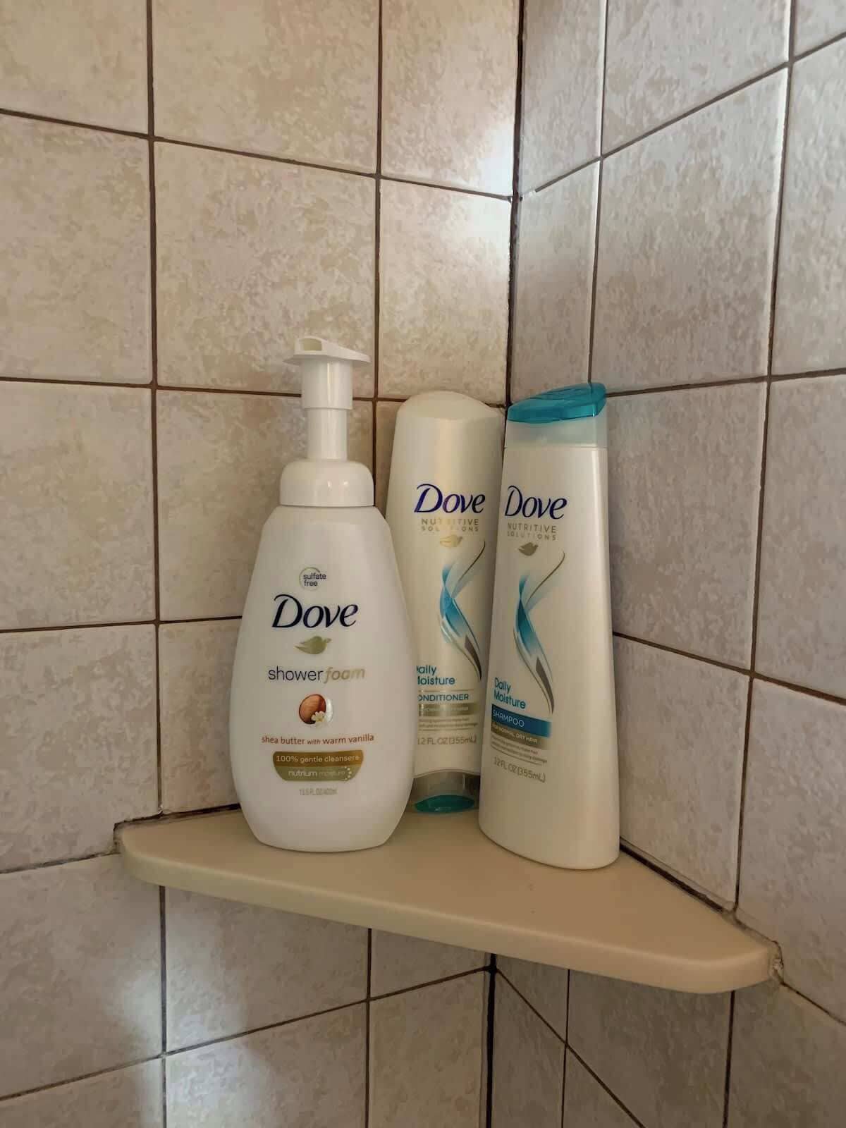 Ein Badezimmerschrank mit Dove Duschschäume, Conditioner und Shampoo.