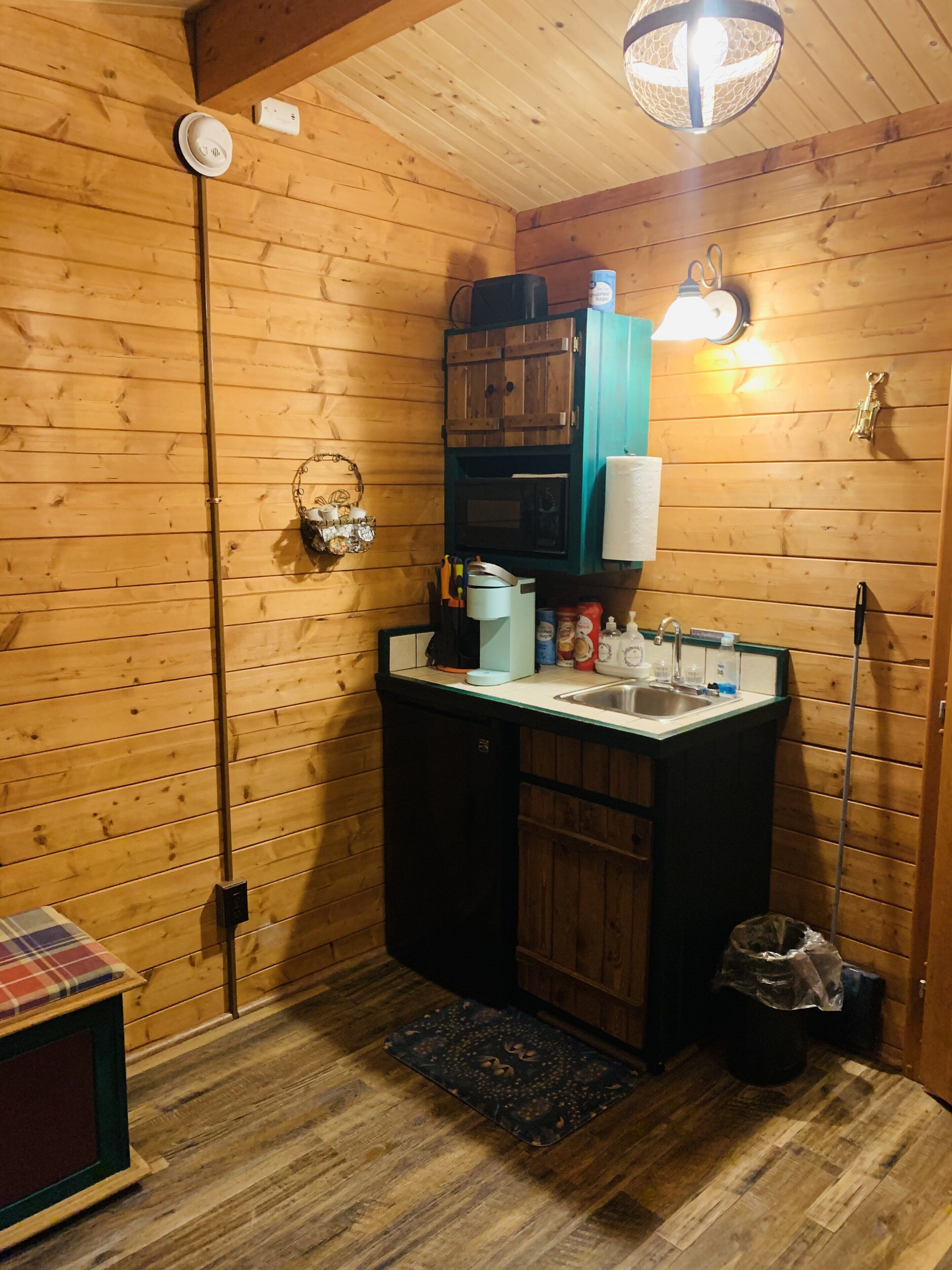 Fridge, microwave, coffee/tea maker, toaster