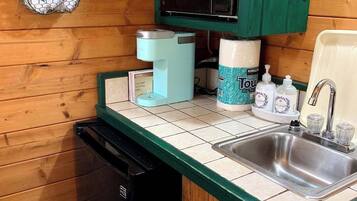 Fridge, microwave, coffee/tea maker, toaster