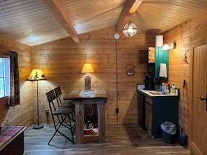 Fridge, microwave, coffee/tea maker, toaster