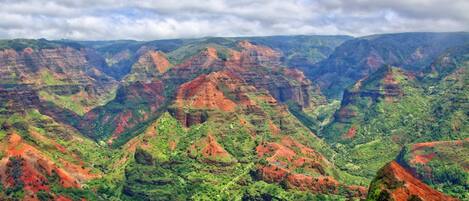 A panoramic view of a canyon with rugged terrain and lush greenery.