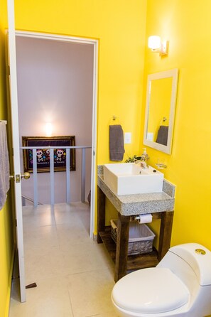 Shower, towels, soap, toilet paper