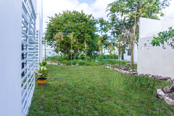 A grassy courtyard with trees and a white building with a lattice structure.
