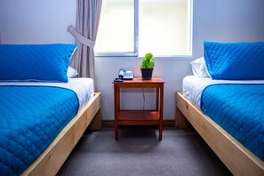 Een kamer met twee eenpersoonsbedden, elk met een blauwe gewatteerde spreidek en witte kussens. Daartussen staat een klein houten nachtkastje met een telefoon en een bloempot.