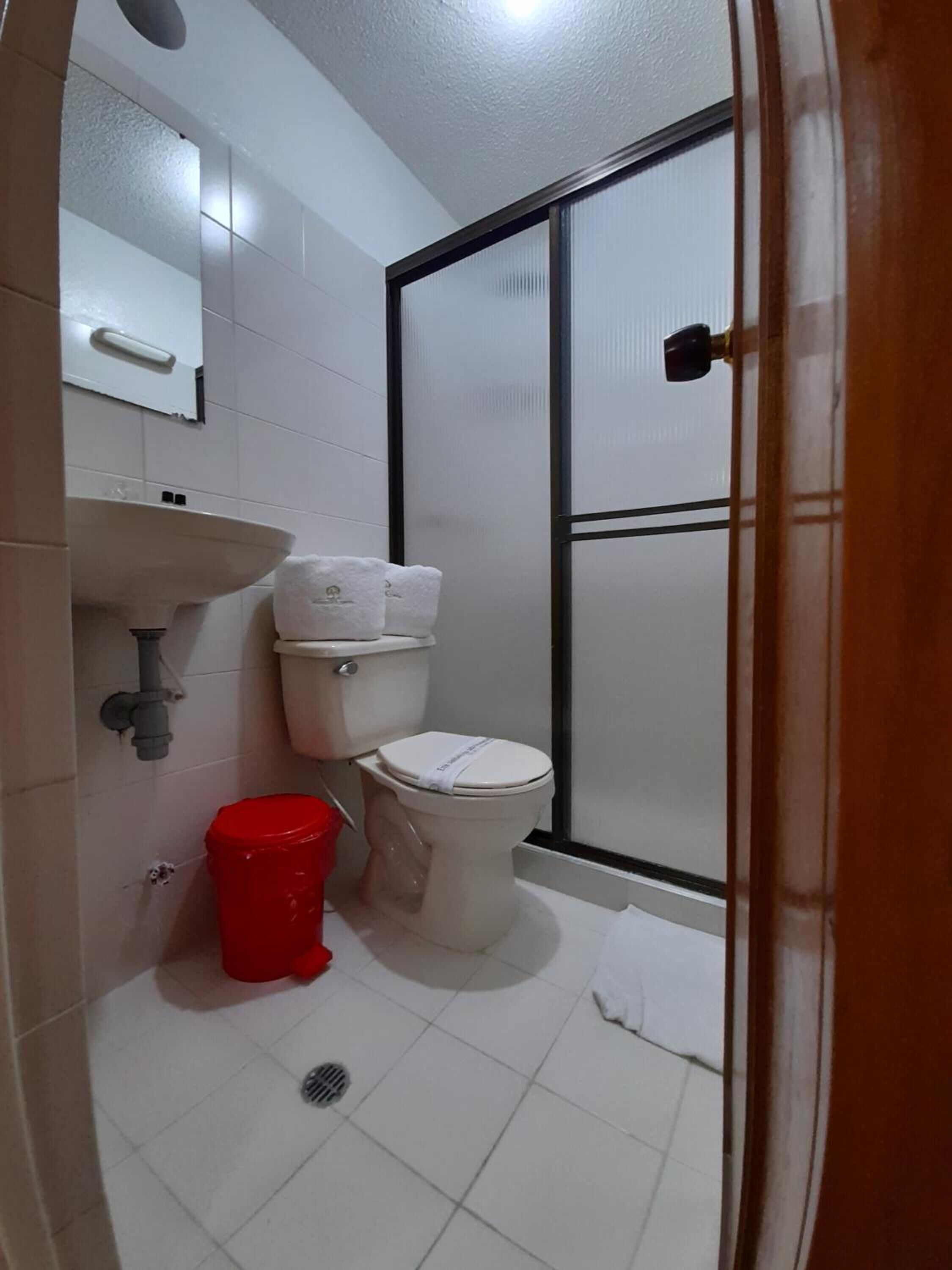Un baño pequeño con inodoro, lavamanos y zona de ducha.