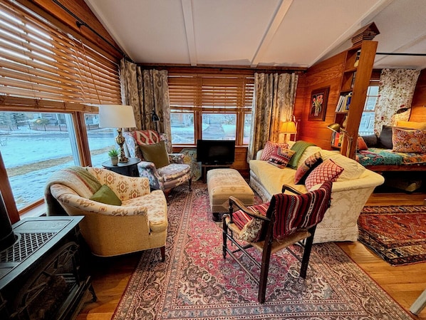 Cozy Seating and wood stove for cooler nights