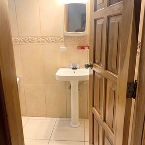 A bathroom with a white pedestal sink, a mirror above it, and a wooden door. - Shores Plantation (Tela)
