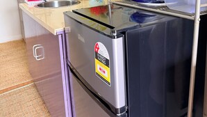 Eine kleine Küche mit Kühlschrank, Spüle und einem Regal mit Geschirr und einer Vase mit Blumen.