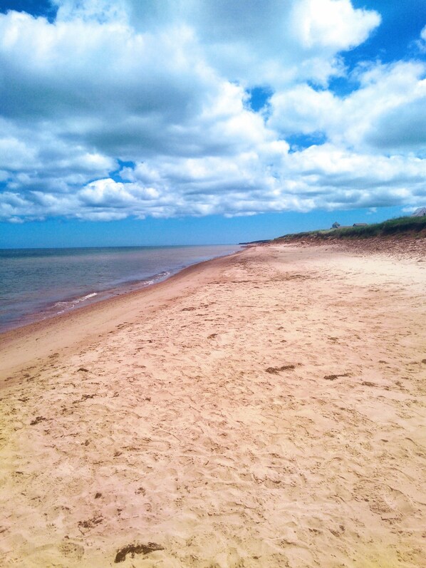 A beach with a wide sandy shore and a clear view of the ocean under a partly cloudy sky. - Ocean Front Cottage. (Cable Head East)