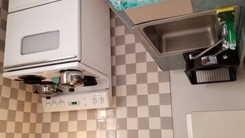 Fridge, microwave, toaster, cookware/dishes/utensils