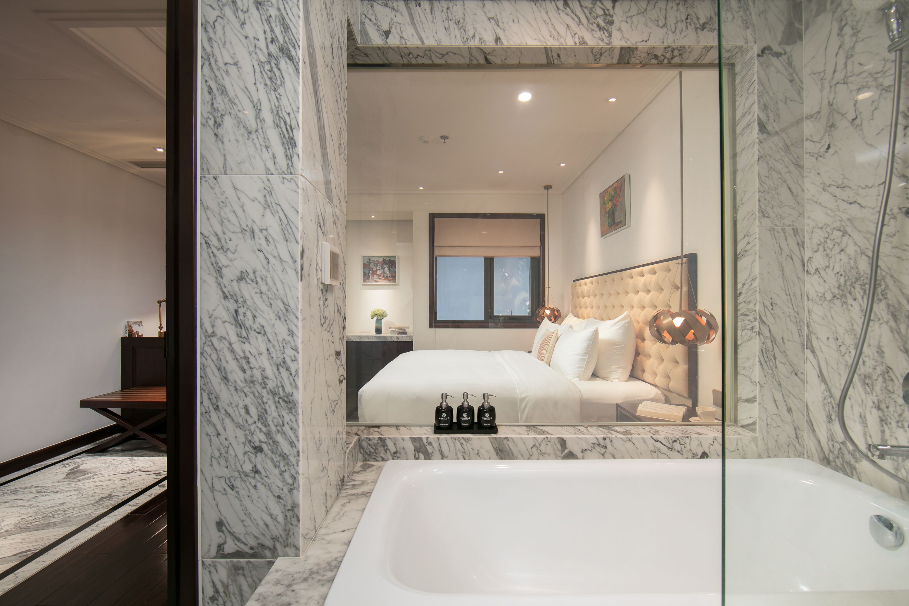 superior double internal window | bathroom | eco-friendly toiletries, hair dryer, bathrobes, slippers