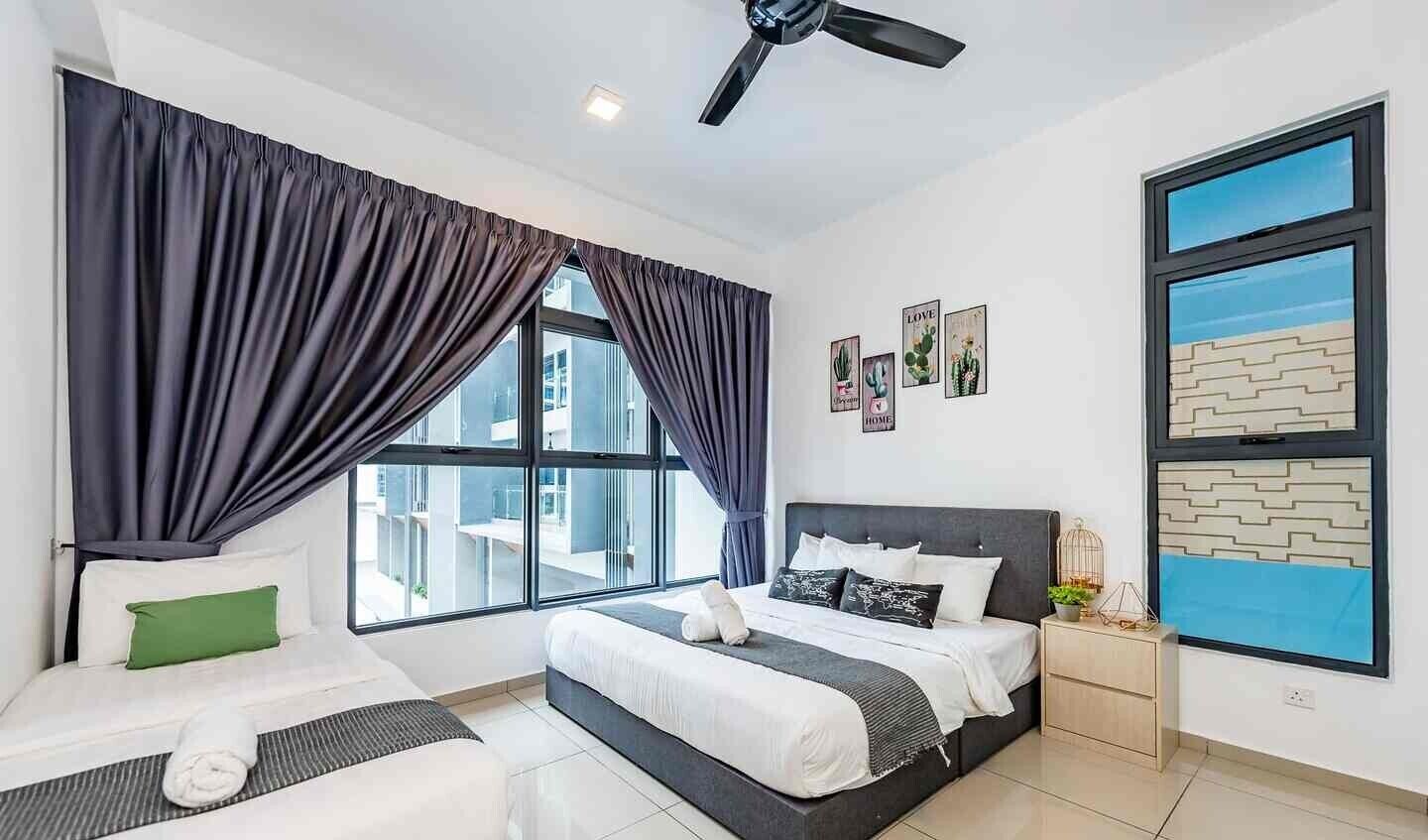 Premium bedding, laptop workspace, blackout drapes, iron/ironing board