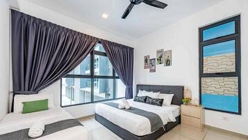 Premium bedding, laptop workspace, blackout drapes, iron/ironing board
