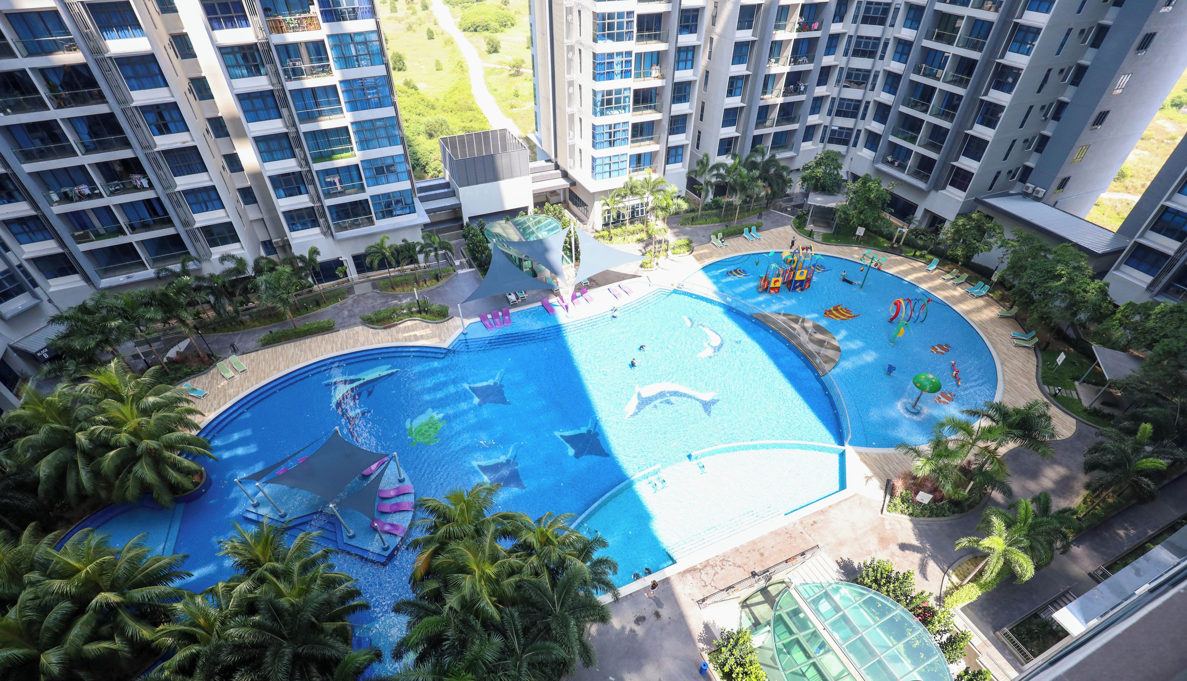 A high-rise building with multiple balconies, a swimming pool with a dolphin mural, and palm trees.
