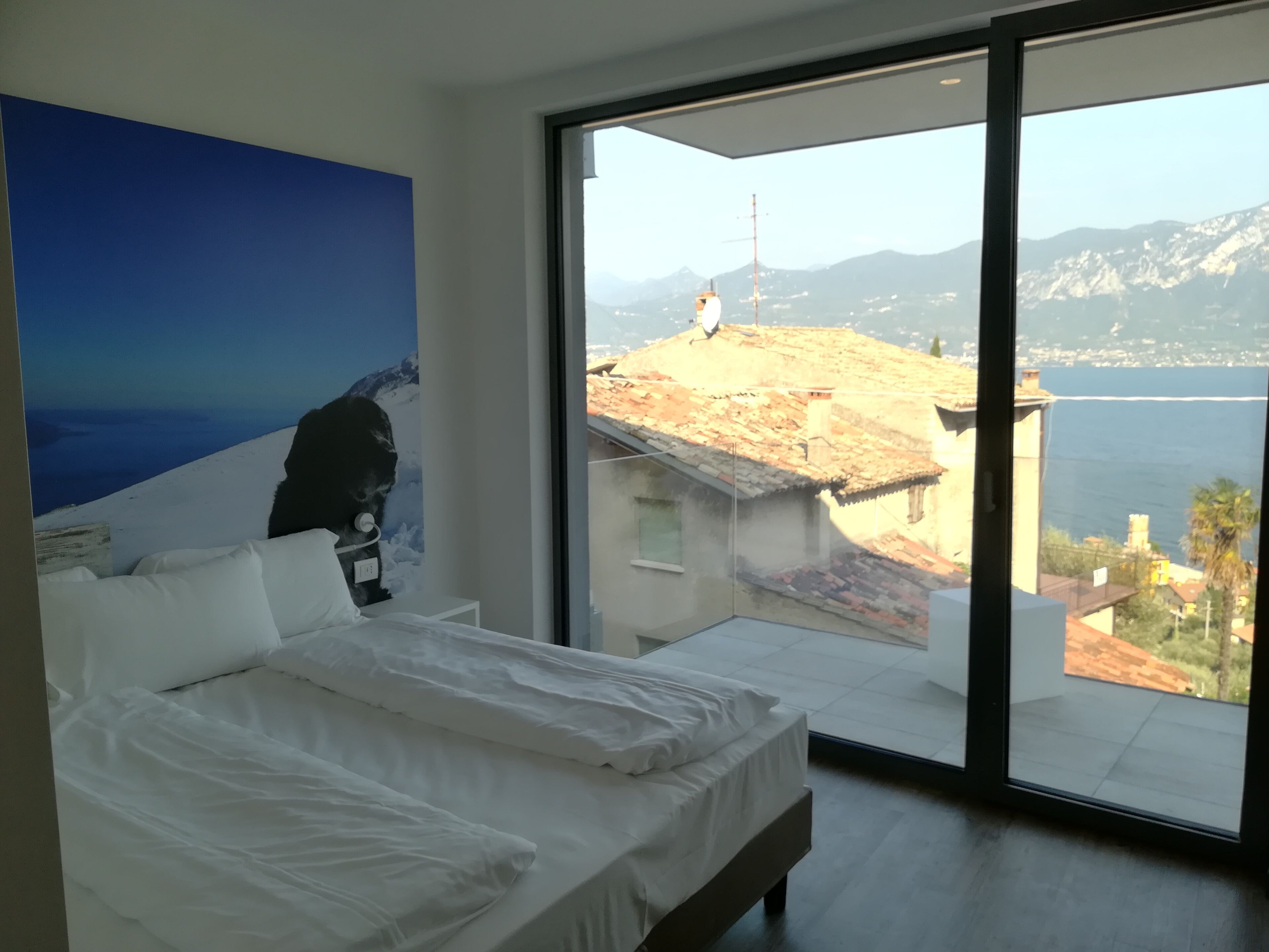 A bedroom with a large bed, a view of a mountain and sea through a sliding glass door, and a painting on the wall.