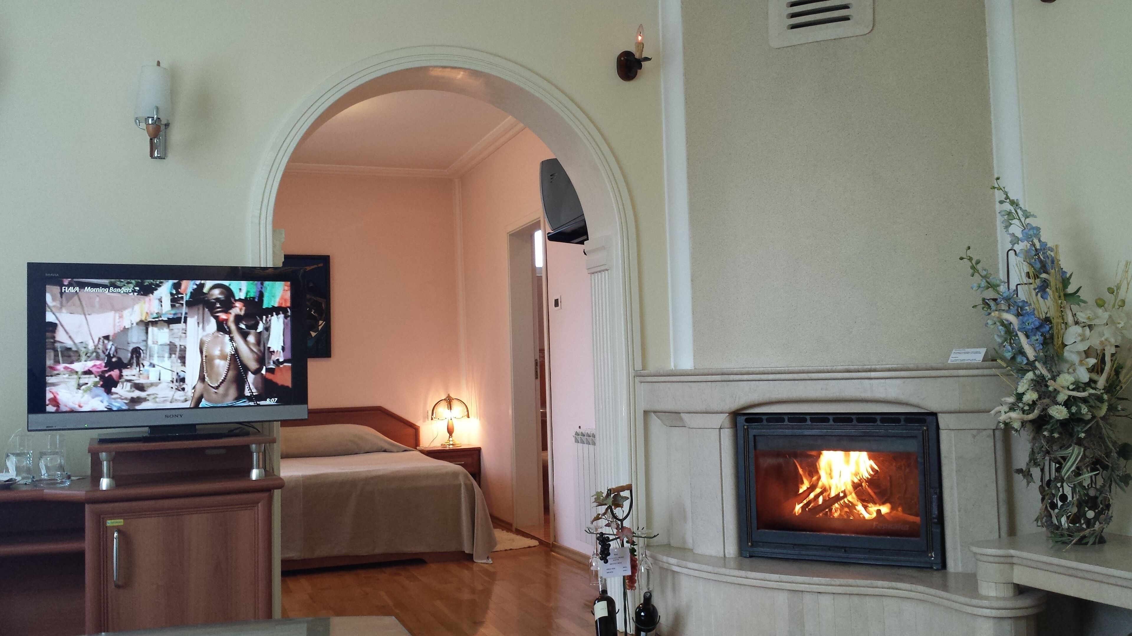 A room with a television, a fireplace, a bed, and a hallway leading to another room.