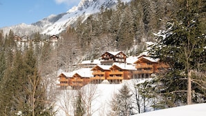 Et chalet-lignende hotel med flere træbygninger på en sneklædt bjergskråning, omgivet af tætte, stedsegrønne træer.